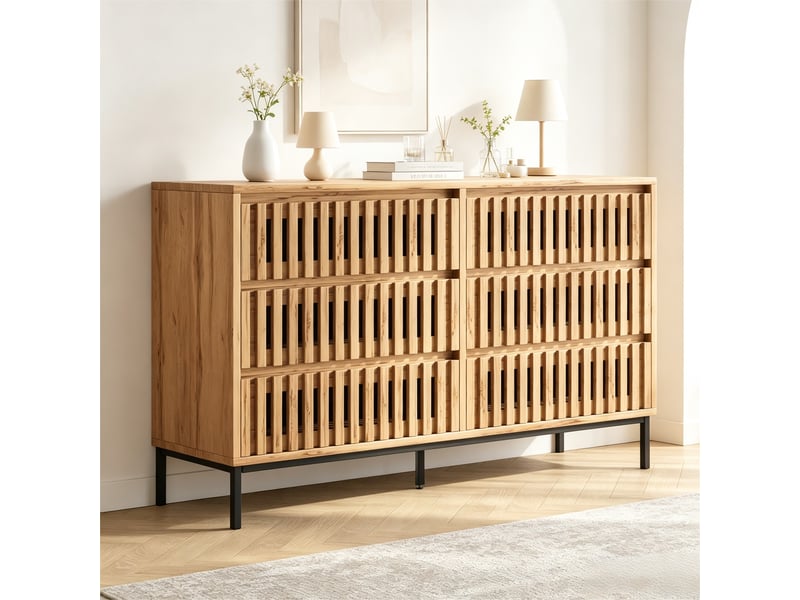  Commode 6 tiroirs à lattes pour chambre en mdf et panneaux de particules 120×40×81 cm naturel  - Conforama B