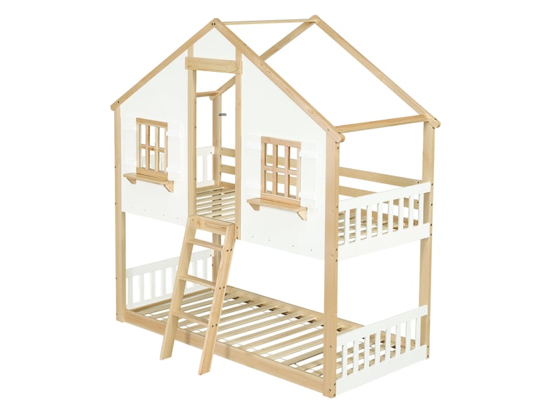 Lit superposé enfant 2x90x200 cm – blanc et naturel – échelle inclinée à 3 marches et barrières, sans matelas - Conforama D