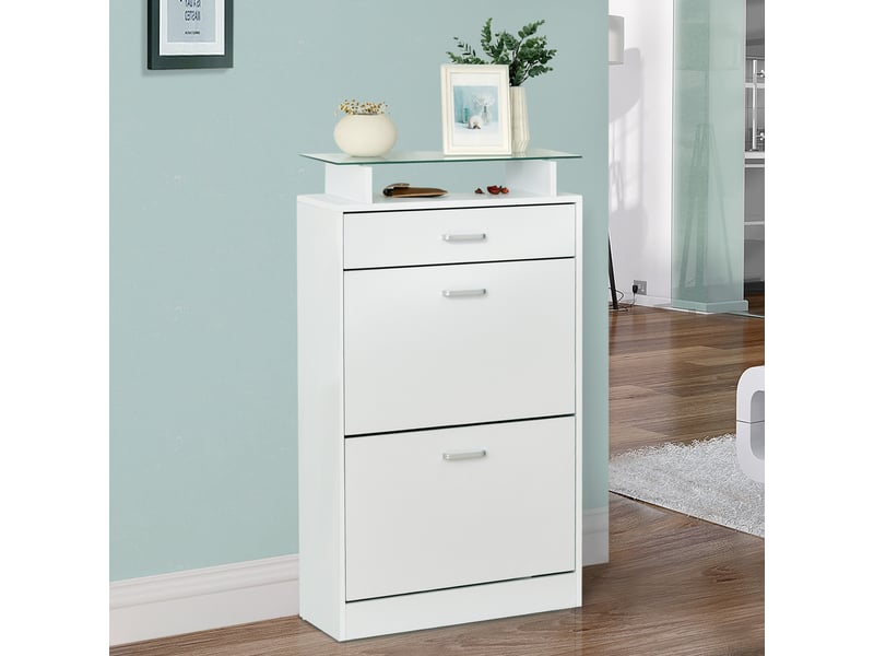  Armoire à chaussures meuble rangement chaussures 2 portes abattantes 2 compartiments, tiroir, plateau en verre - bois chêne blanc  - Conforama C