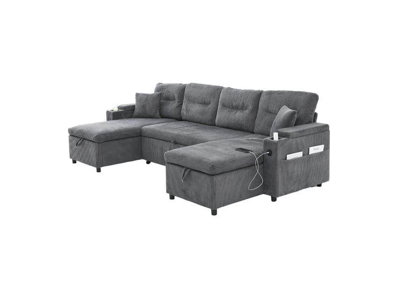  Canapé convertible 4 places en velours côtelé gris carbone avec coffre intégré et méridiennes  - Conforama W