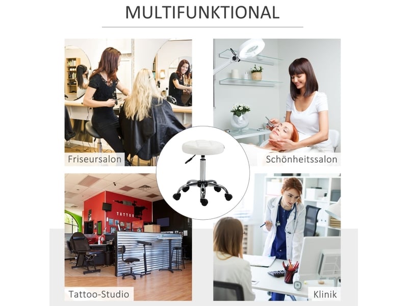  Tabouret de bureau réglable blanc en cuir régénéré, pivotant sur roulettes, compact pour salon ou bureau  - Conforama E