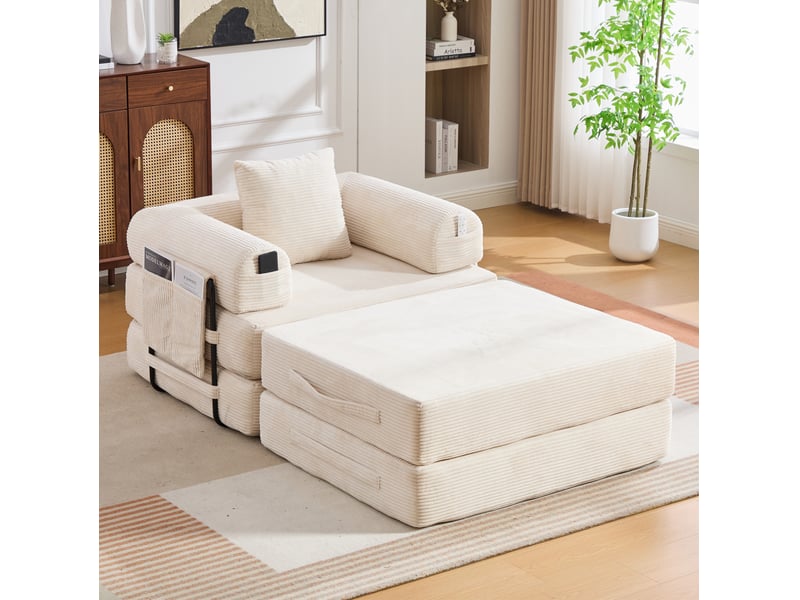 Fauteuil modulable modenvie en velours côtelé beige avec repose-pieds et coussin 112 x 190 x 67 cm - Conforama B