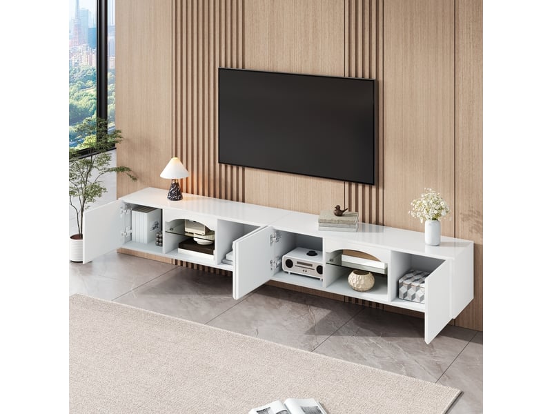  Meuble tv 200 cm 4 portes 2 niches noir ou blanc tablettes en verre led via application salon  - Conforama B
