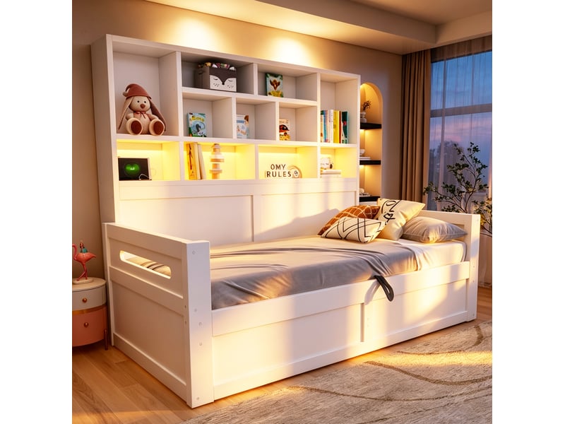  Lit coffre 90x200 cm blanc avec rangement hydraulique, led et prises  - Conforama D