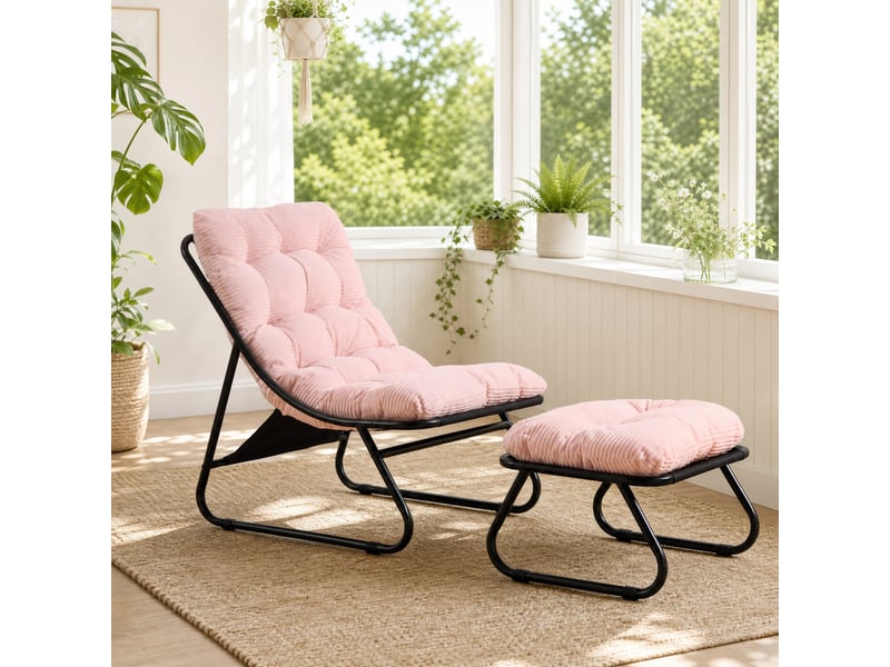  Fauteuil de jardin avec repose-pieds en velours côtelé rose, structure acier noir, pour intérieur et extérieur  - Conforama B