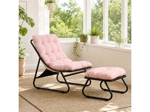 Fauteuil de jardin avec repose-pieds en velours côtelé rose, structure acier noir, pour intérieur et extérieur