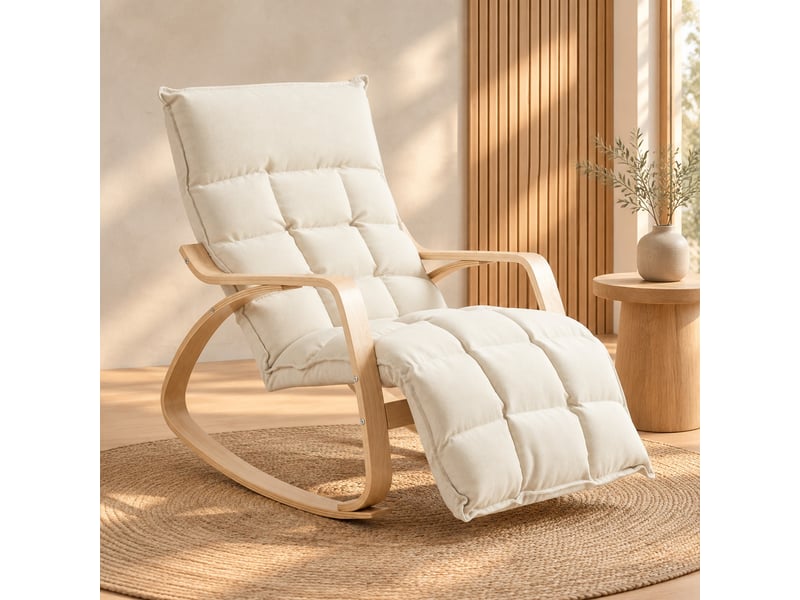  Fauteuil à bascule relax avec repose-pieds réglable 5 positions et structure en acier, en polyester blanc crème  - Conforama B