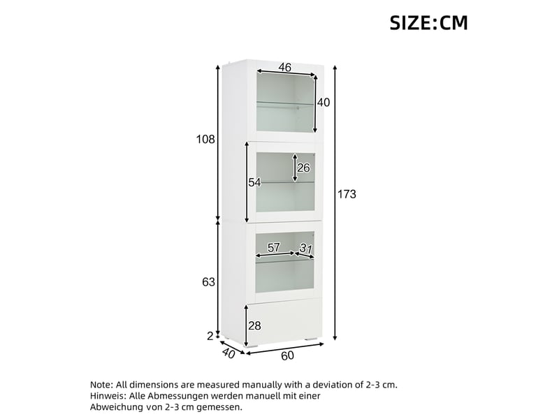  Vitrine haute 60x40x173 cm, 3 portes acrylique, led, tiroir, façade brillante, mdf et verre trempé, blanc  - Conforama C