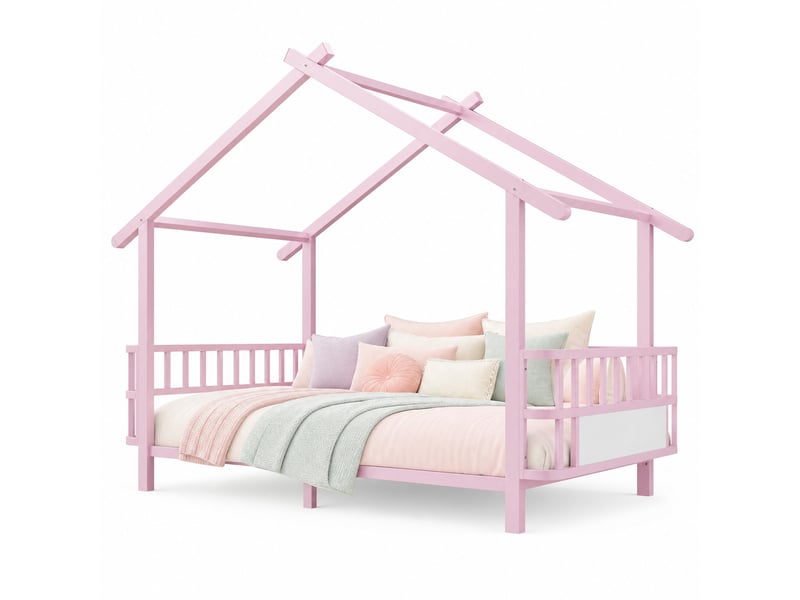  Lit enfant 90x200 cm avec barrières de sécurité et cadre en forme de toit en métal rose  - Conforama A