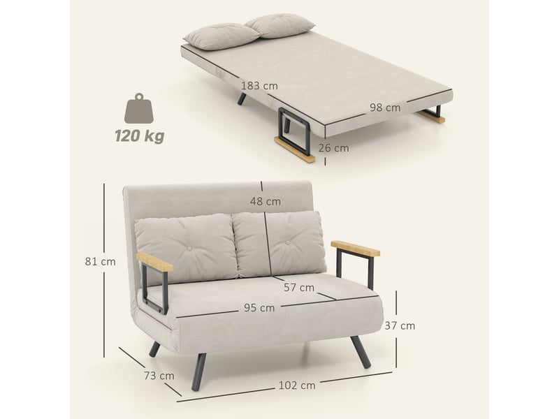  Canapé convertible 2 places en tissu effet velours beige 102x73x81 cm  - Conforama C