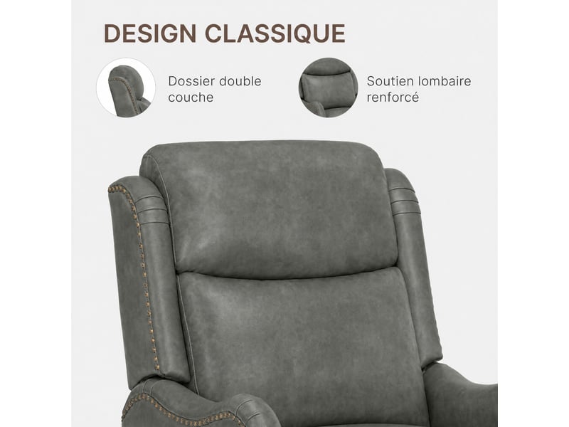  Fauteuil relax manuel en pu,3 positions,  structure en bois massif – salon, bureau, chambre,gris  - Conforama E