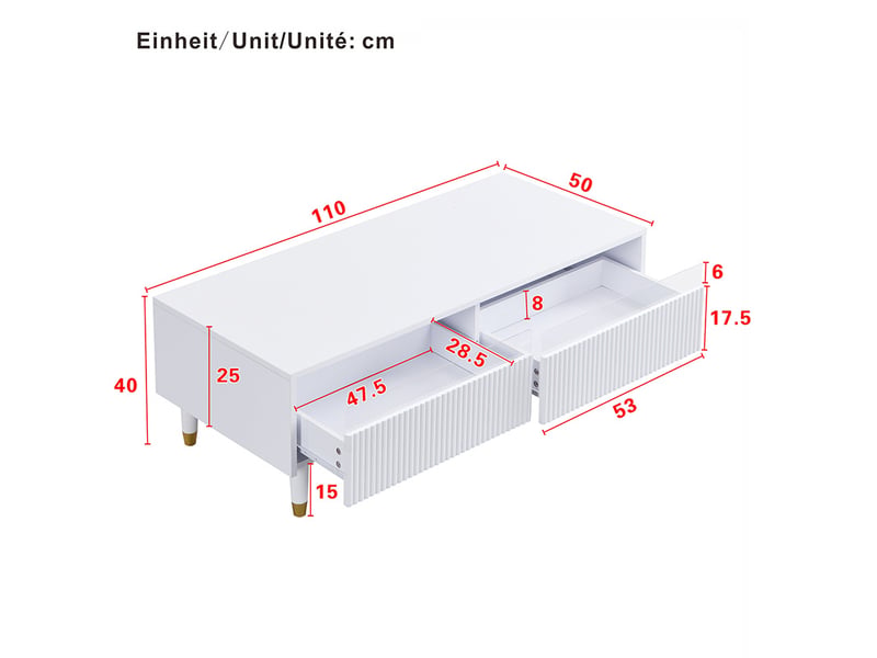  Ensemble meuble tv 178x35x45 cm et table basse 110x50x40 cm, led 7 couleurs, mdf et bois, blanc et doré  - Conforama D