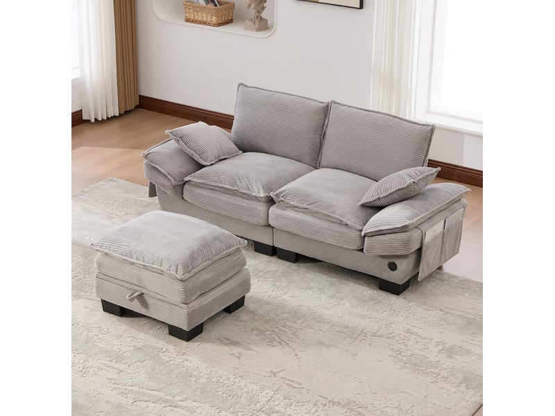  Canapé 2 places en velours côtelé gris clair avec pouf de rangement et usb-c  - Conforama E