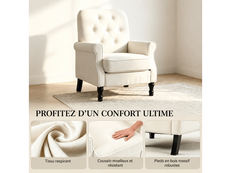  Fauteuil de salon 1 place 69x75x90 cm, dossier capitonné, assise épaisse à ressorts, pieds en bois, tissu lin, crème  - Conforama E