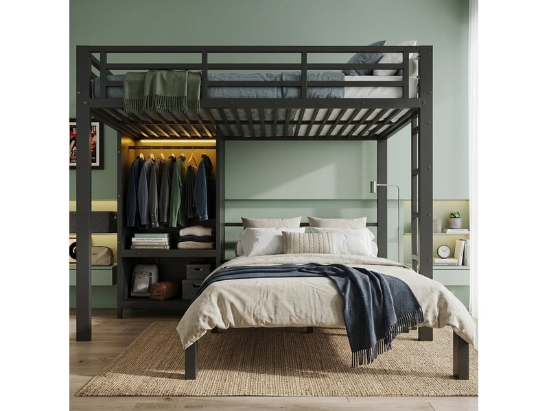  Lit superposé 120x200 cm, 2 couchages, armoire intégrée, éclairage led, échelle droite, métal noir, sans matelas  - Conforama B