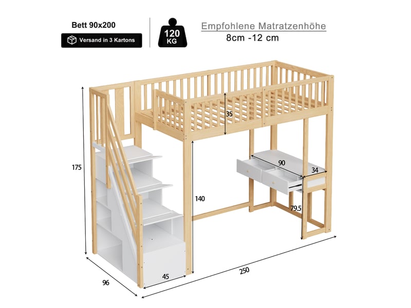  Lit mezzanine 90x200 avec bureau et escalier de rangement sécurisé, lit mezzanine blanc pour enfant en pin massif, 250x96x175cm.  - Conforama R
