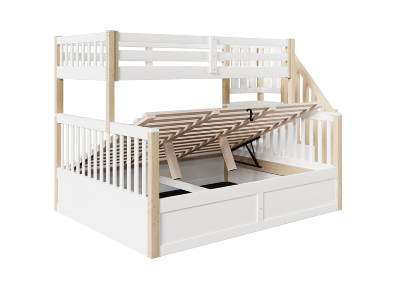Lit superposé blanc et naturel 90/140x200 cm, rangement hydraulique, escalier-rangement - Conforama E