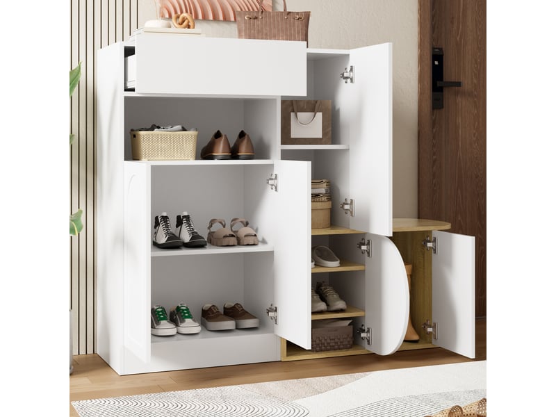  Meuble à chaussures avec banc blanc et naturel, panneau fibre moyenne densité, 130 × 35 × 110 cm, 5 portes et crochets intégrés  - Conforama C