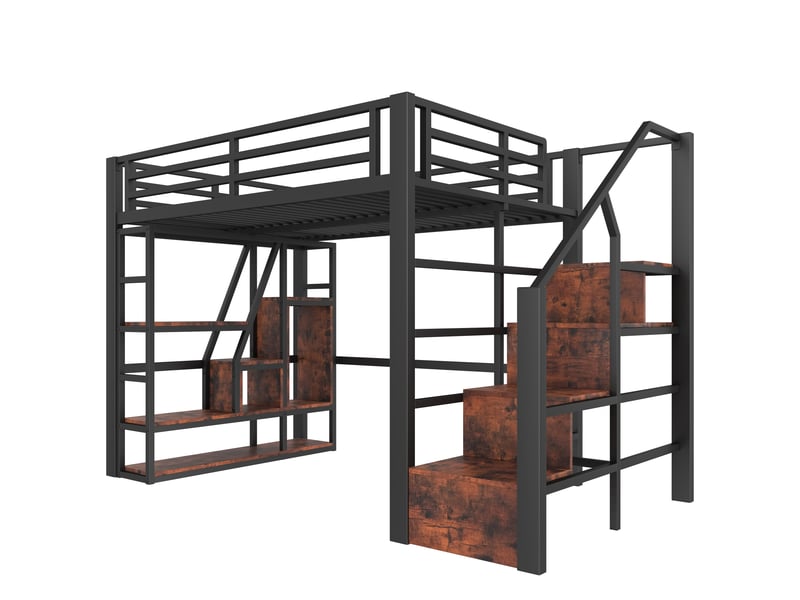 Lit mezzanine 140 × 200 cm avec rangements, marches intégrées et led, sans matelas, en métal et mdf, noir - Conforama A
