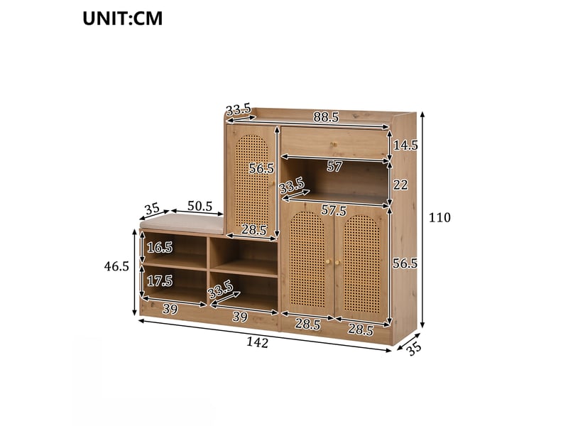  Meuble à chaussures 142x35x110 cm naturel en panneaux de particules, banc rembourré, rangement d'entrée  - Conforama C