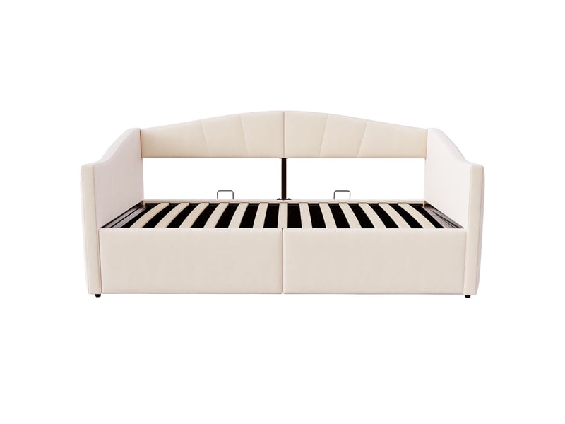  Lit coffre enfant 90x200 cm canapé-lit avec rangement, velours, beige, sans matelas  - Conforama E