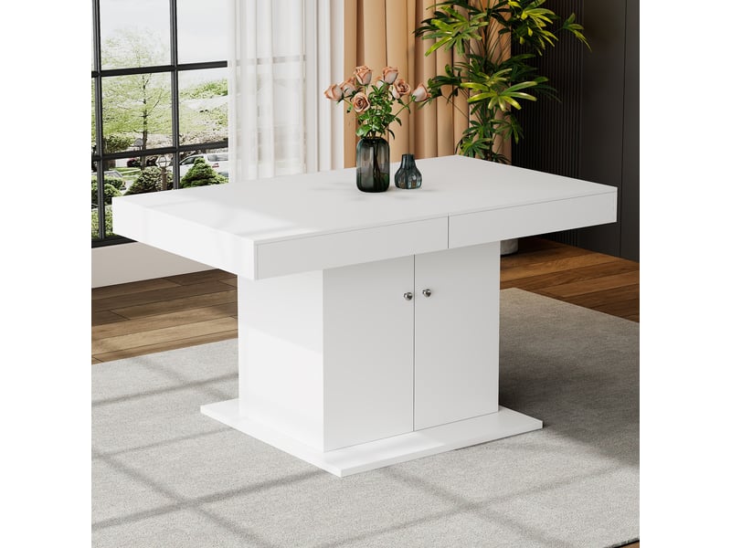 Table de salle à manger extensible avec rangement 4 à 8 personnes en panneaux de particules 140180×80×76 cm blanche - Conforama C