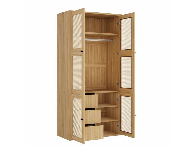  Armoire avec portes en rotin tressé 90 x 47 x 200 cm – 1 tringle, 3 tiroirs, 4 compartiments, mdf finition bois clair  - Conforama A