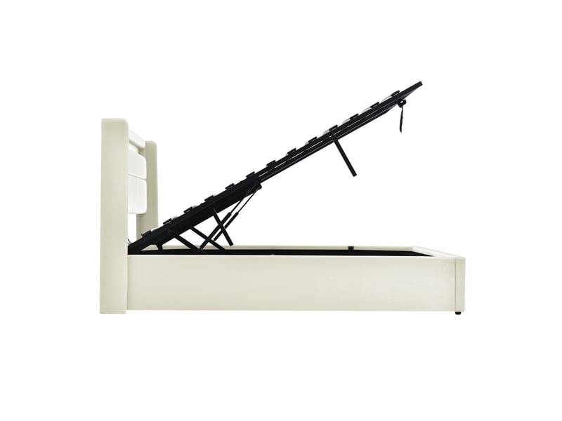  Lit coffre 160x200cm, lit adulte, tête de lit avec led, rangement caché, pu, bois, blanc, sans matelas  - Conforama D