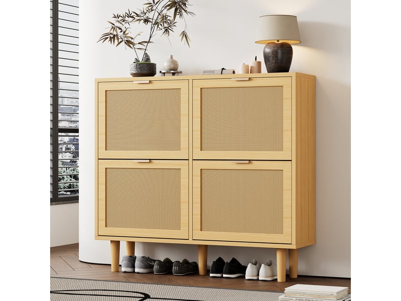  Meuble à chaussures à 4 abattants façon cannage décor chêne clair 100 × 25 × 90 cm IKSETERA TRADING LTD - Conforama E