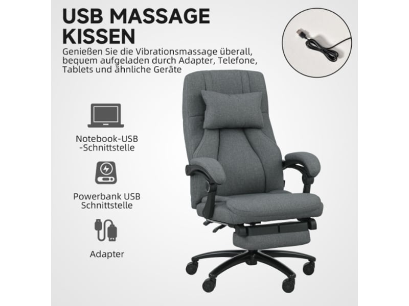 Chaise de bureau massante avec port usb et roulettes pivotantes, gris foncé - Conforama B