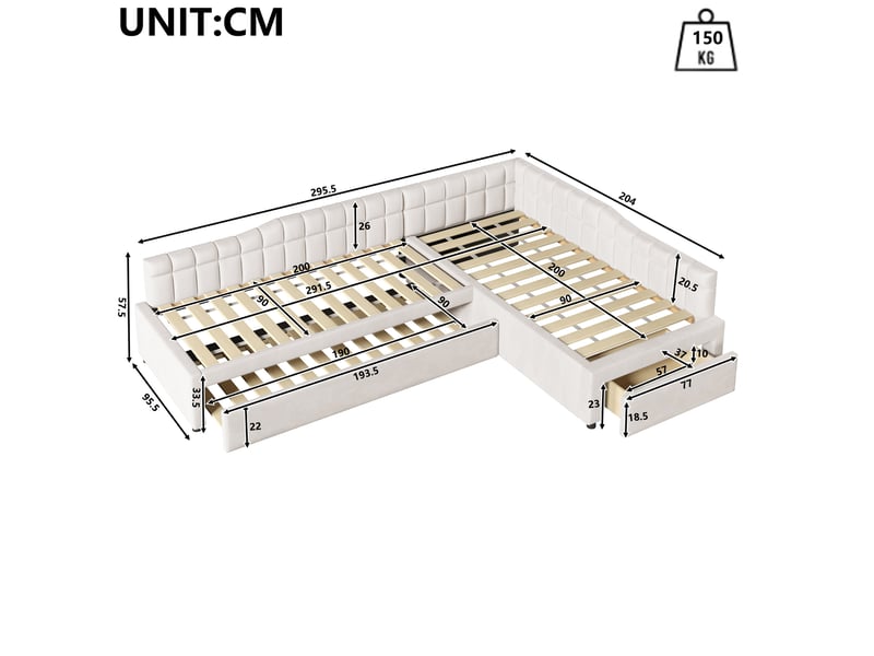  Lit l rembourré 2x90x200 cm, gigogne 90x190 cm, tiroirs gain de place, tissu flanelle douce, mdf, beige sans matelas  - Conforama C