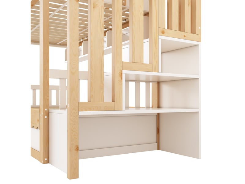  Lit superposé 90 × 200 cm, bois, rangement hydraulique, escalier, étagères, barrières, blanc effet chêne, 252 cm  - Conforama E