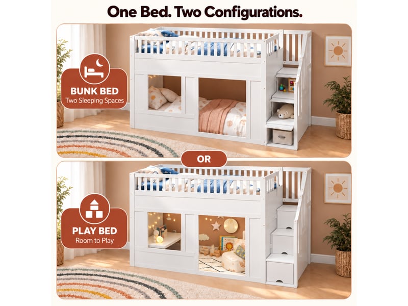  Lit mezzanine enfant 90x200 cm - espace de jeu modulable - escalier avec rangements intégrés - bois massif et mdf - blanc  - Conforama E