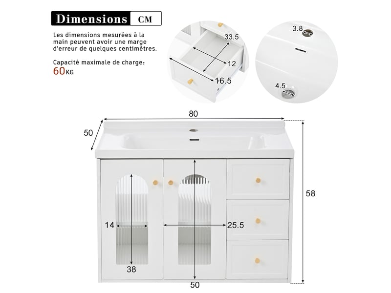 Meuble rangement suspendu 80 cm vasque ceramique blanc verre ondule salle de bain homvra - Conforama E