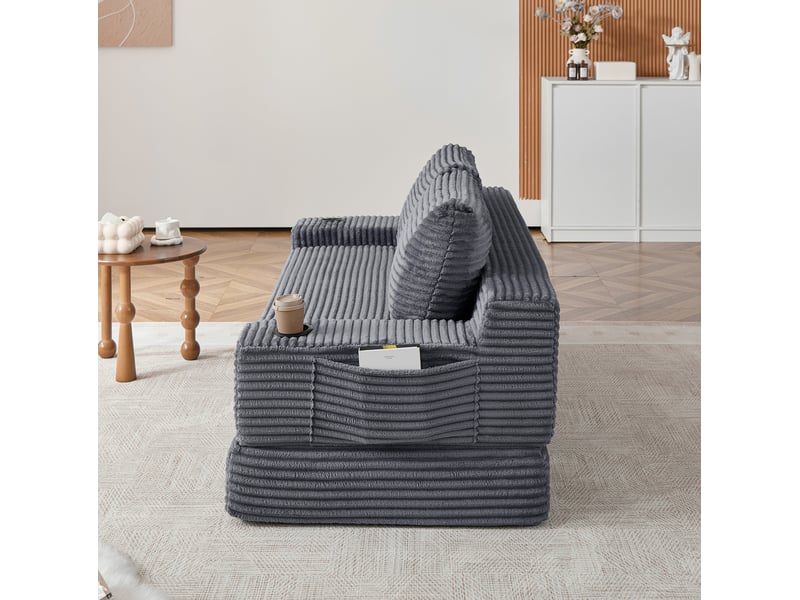 Canapé convertible 2 places avec porte-gobelets, poches latérales et 2 coussins en velours côtelé gris - Conforama D