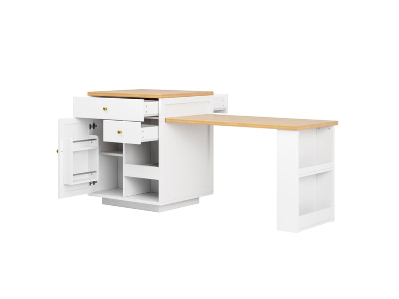 Îlot de cuisine 122,5 à 195,5 x 70 x 93,8 cm blanc en mdf et métal, plateau extensible et rangements intégrés - Conforama D