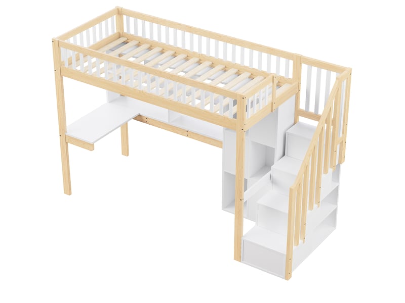 Lit mezzanine blanc et naturel 90x200 cm, led, bureau, escalier-rangement, étagères - Conforama E