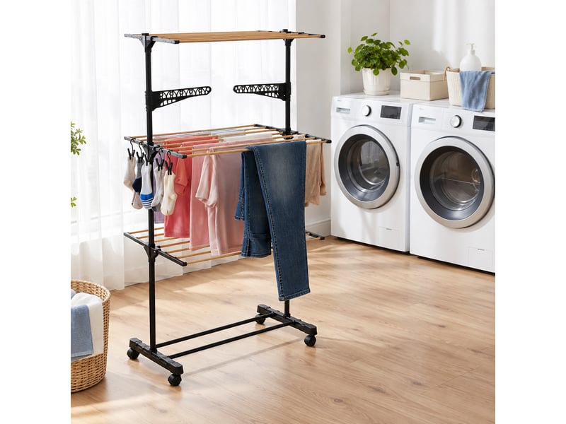  Étendoir à linge pliable modulable 3 niveaux effet bois avec 4 roulettes et support cintres-longueur 80 x profondeur 42 x hauteur 165 cm  - Conforama B