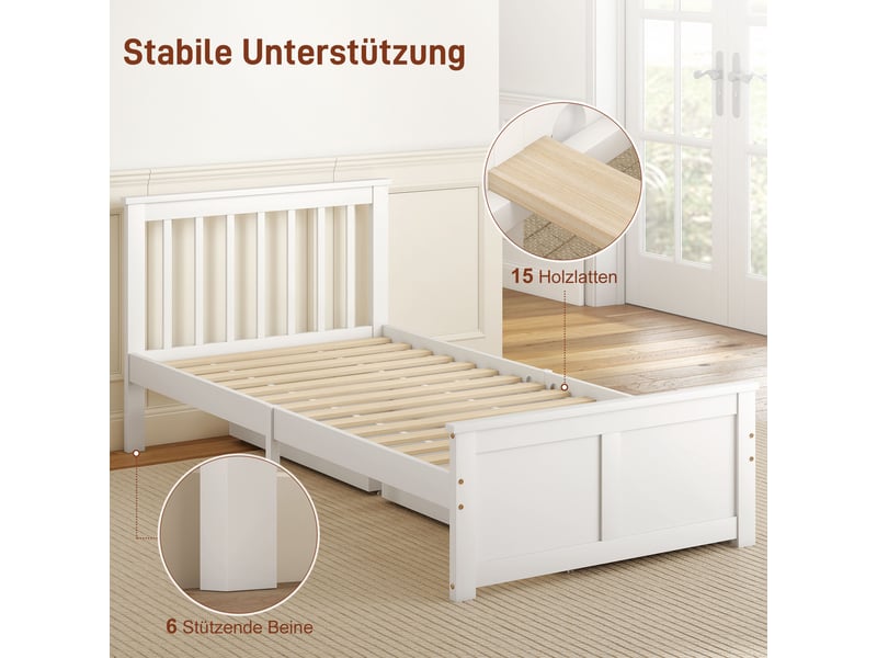  Cadre de lit simple 90x200 en bois blanc avec 2 tiroirs, lattes intégrées  - Conforama W
