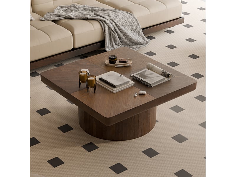  Table basse carrée 78 cm, placage bois, plateau épais 8 cm, base cylindrique, marron  - Conforama B
