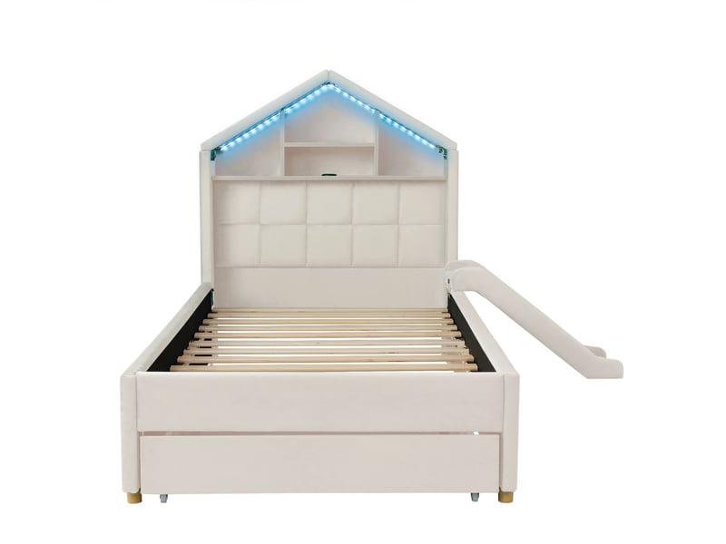  Lit simple 90 x 200 cm éclairage led lit maison rembourré toboggan réversible gauche ou droite finition beige port de charge étagère de tête de lit grand coffre de lit  - Conforama A