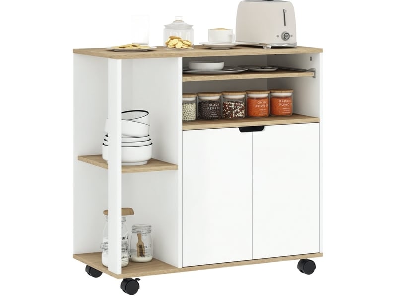  Desserte de cuisine 80 x 40 x 82 cm blanc et bois, 4 roulettes avec freins et rangements modulables  - Conforama D