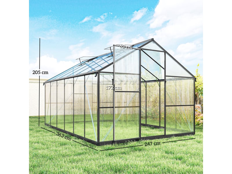  Serre de jardin en aluminium polycarbonate, serre avec fenêtres supérieures réglables 363x247x205cm noir  - Conforama E