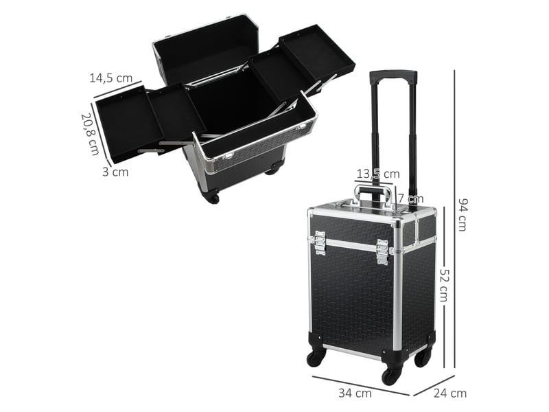  Mallette de maquillage professionnelle à roulettes avec poignée, 2 plateaux, compartiment inférieur, noire  - Conforama E