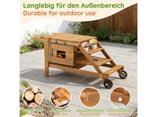 Jouet cuisine pour enfant en bois avec roues et four à porte magnétique - cuisine d’extérieur naturel 59 × 60,4 × 132 cm