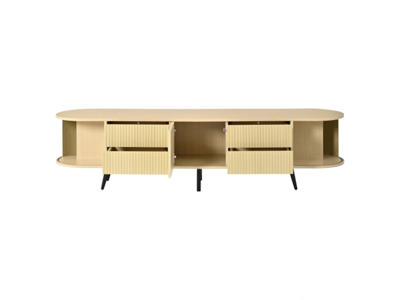  Meuble tv bois ovale 180x40x45 cm – rayures, 4 tiroirs, 1 placard, portes à volet roulant, pour tv 80 pouces  - Conforama E