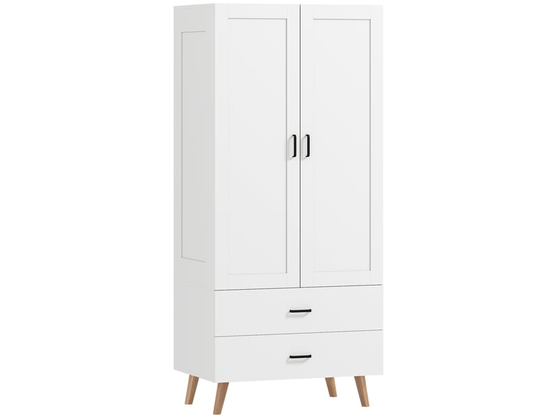  Armoire chambre penderie 2 portes à fermeture douce, 2 tiroirs et barre de suspension, 80x54x180cm, blanc  - Conforama A
