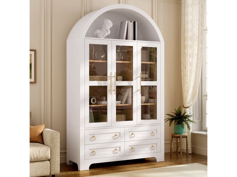  Vitrine style vintage à arche, 110 x 40 x 185 cm, avec 3 portes, 4 tiroirs et une niche ouverte en forme d'arche, coloris blanc  - Conforama D