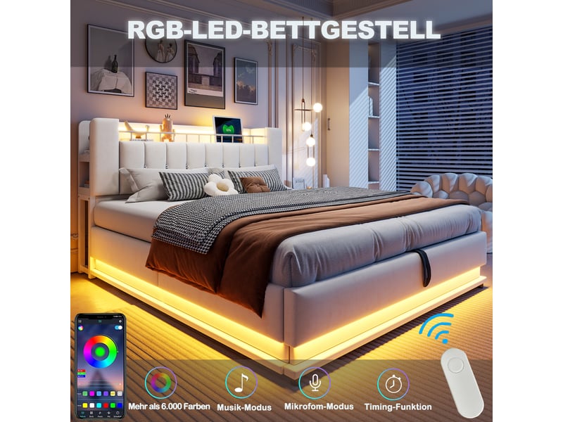 Lit coffre rembourré 140x200 cm avec led, prise usb et rangement hydraulique, structure métal, revêtement velours beige Morn Vibe - Conforama E