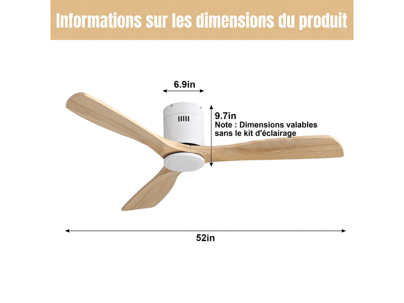 Ventilateur de plafond bois 132 cm, moteur dc silencieux, sans lumière, télécommande, 6 vitesses, réversible - Conforama C